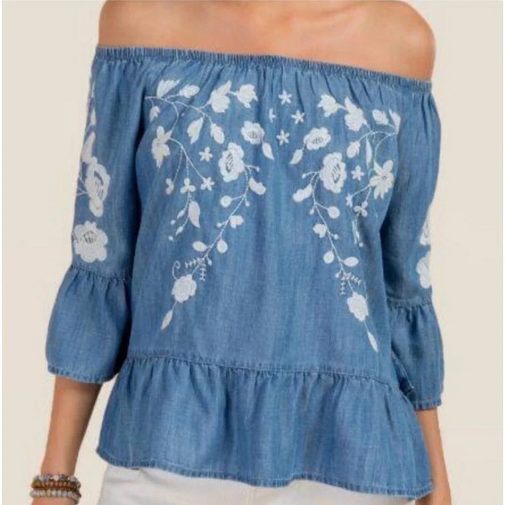 Blue Rain Top‎ Women XS Blue Floral Embroidered Boho Off Shoulder Cottagecore